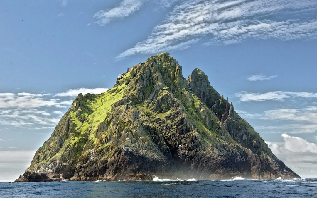 The rocky island of Skellig Michael rising from the ocean in Ireland